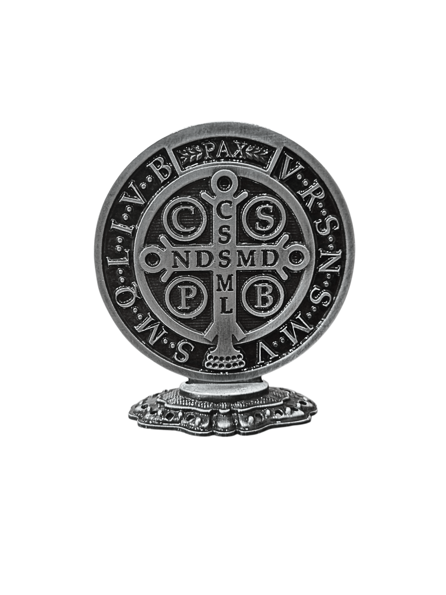 Adorno de Mesa Medalha de São Bento Metal Galvanizado Prata Velha 9,5 cm-TerraCotta Arte Sacra