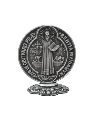 Adorno de Mesa Medalha de São Bento Metal Galvanizado Prata Velha 9,5 cm-TerraCotta Arte Sacra