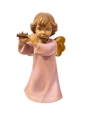 Anjo da Guarda Rosa com Flauta em Madeira 13,5 cm-TerraCotta Arte Sacra