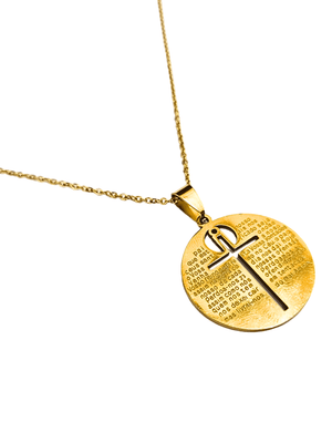 Corrente Aço Inox Dourada Redonda Pingente Redondo Pai Nosso e Cruz Central-TerraCotta Arte Sacra