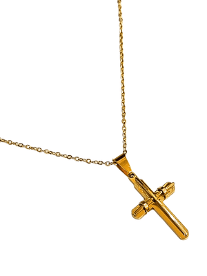 Corrente Aço Inox Dourada com Cruz Dupla e Acabamentos Laterais-TerraCotta Arte Sacra