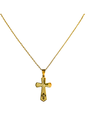 Corrente Aço Inox Dourada com Cruz Pai Nosso e Mini Cruz em Baixo-TerraCotta Arte Sacra