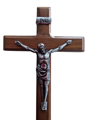 Crucifixo de Mesa em Madeira e Cristo em Metal Prata Velha 15 cm-TerraCotta Arte Sacra
