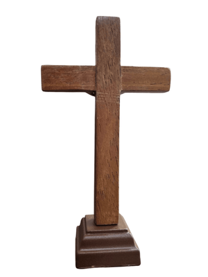 Crucifixo de Mesa em Madeira e Cristo em Metal Prata Velha 15 cm-TerraCotta Arte Sacra