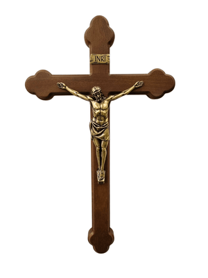 Crucifixo em Madeira Trevolado com Cristo em Metal Ouro Velho 27 cm-TerraCotta Arte Sacra