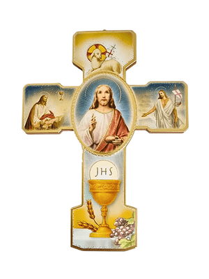 Cruz Italiana em Madeira Primeira Eucaristia com Base-TerraCotta Arte Sacra