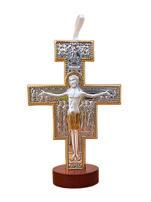 Cruz de São Damião Italiana de Prata com Base em Madeira-TerraCotta Arte Sacra