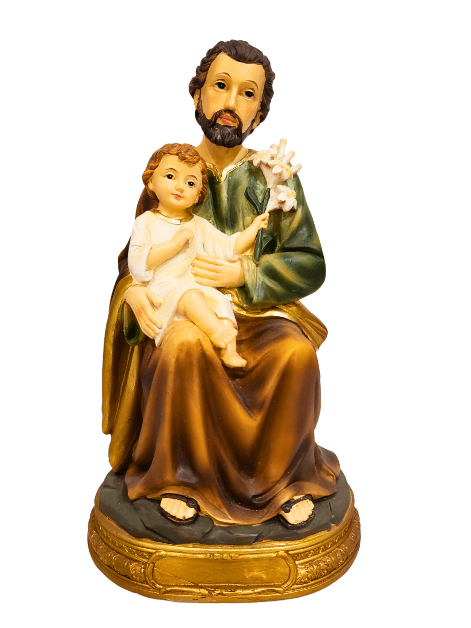 Imagem de São José Sentado com Menino Jesus em Resina-TerraCotta Arte Sacra