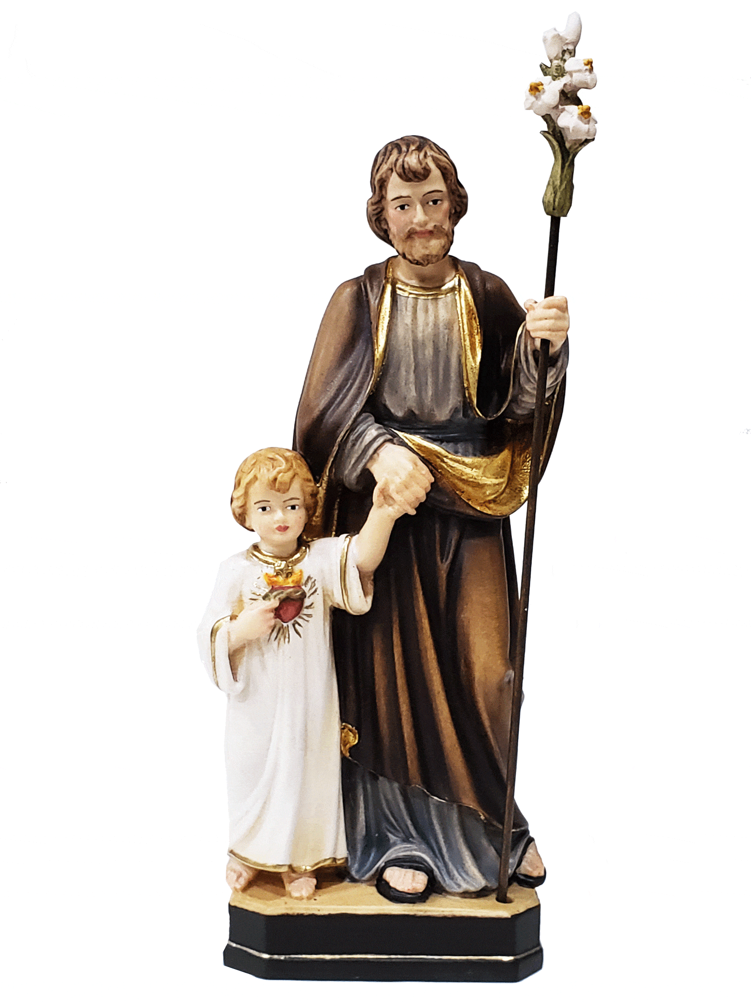 Imagem de São José com Jesus e Lírio de Madeira Italiana 40 cm-TerraCotta Arte Sacra