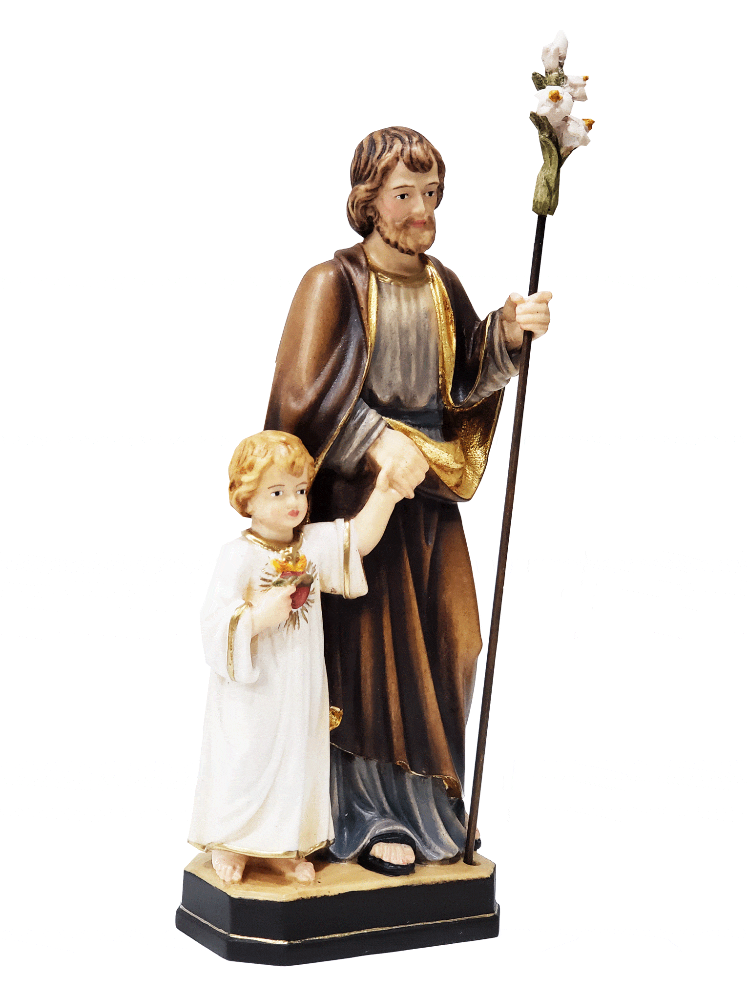 Imagem de São José com Jesus e Lírio de Madeira Italiana 40 cm-TerraCotta Arte Sacra