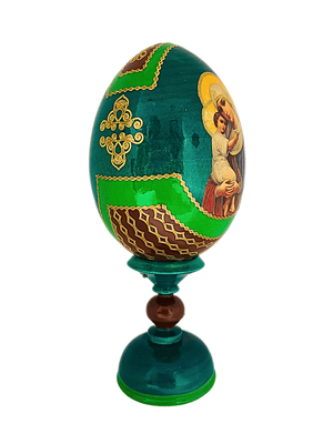 Ovo Russo em Madeira Fabergé Ícone Nossa Senhora da Ternura 16 cm-TerraCotta Arte Sacra