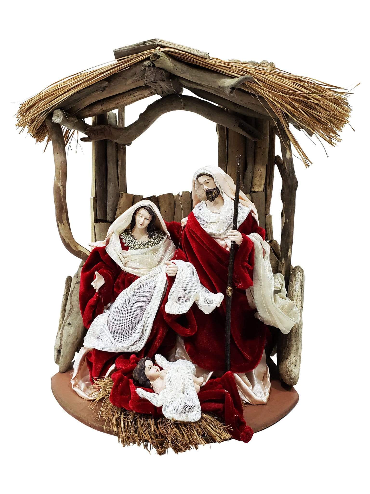 Sagrada Família com Vestes de Veludo Vermelha e Estábulo-TerraCotta Arte Sacra