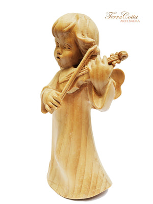 Anjo com Violino de Madeira Natural 10 cm-TerraCotta Arte Sacra