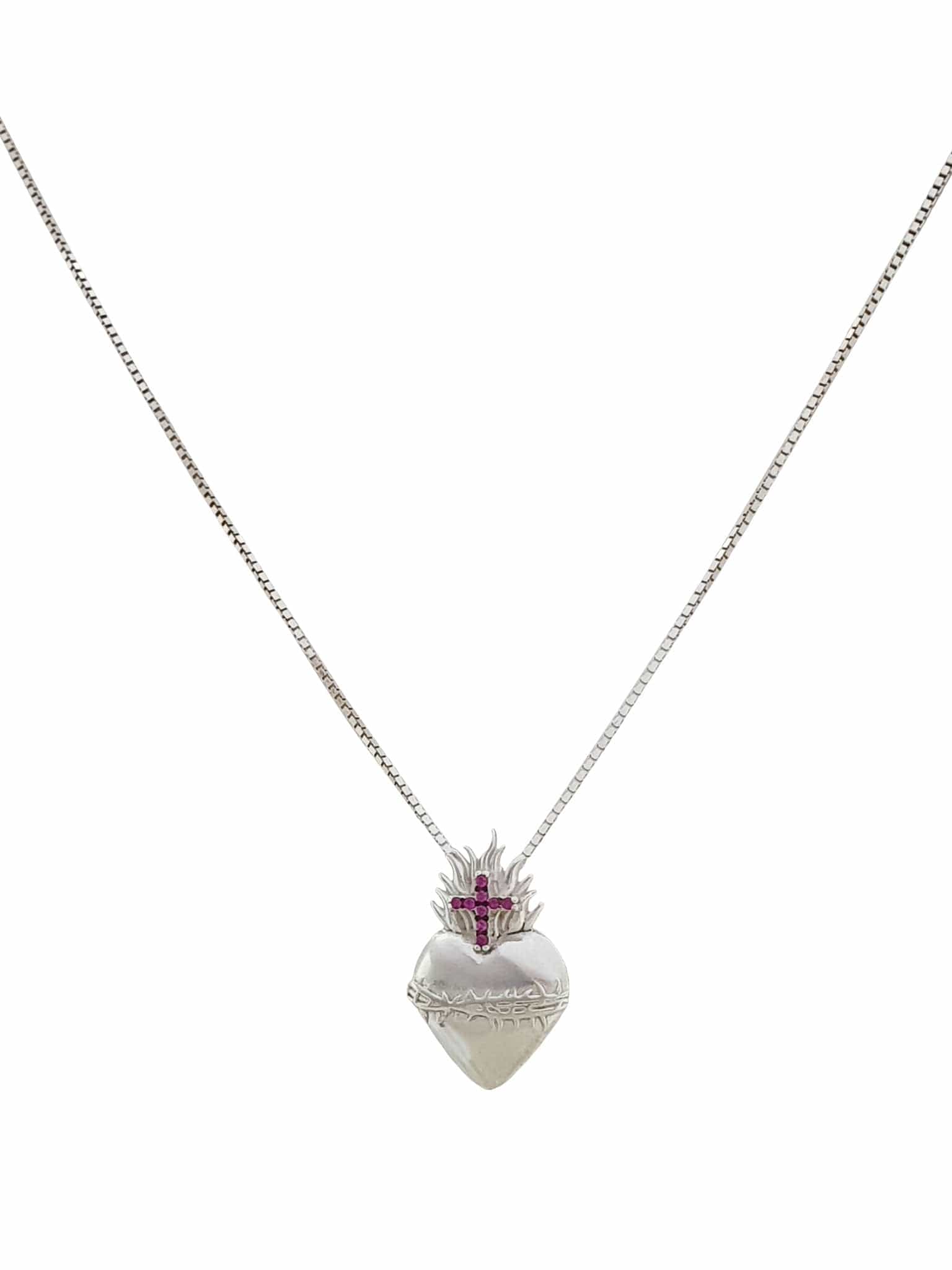 Colar Sagrado Coração e Cruz de Prata de Lei 925 com Zircônias Rubis-TerraCotta Arte Sacra