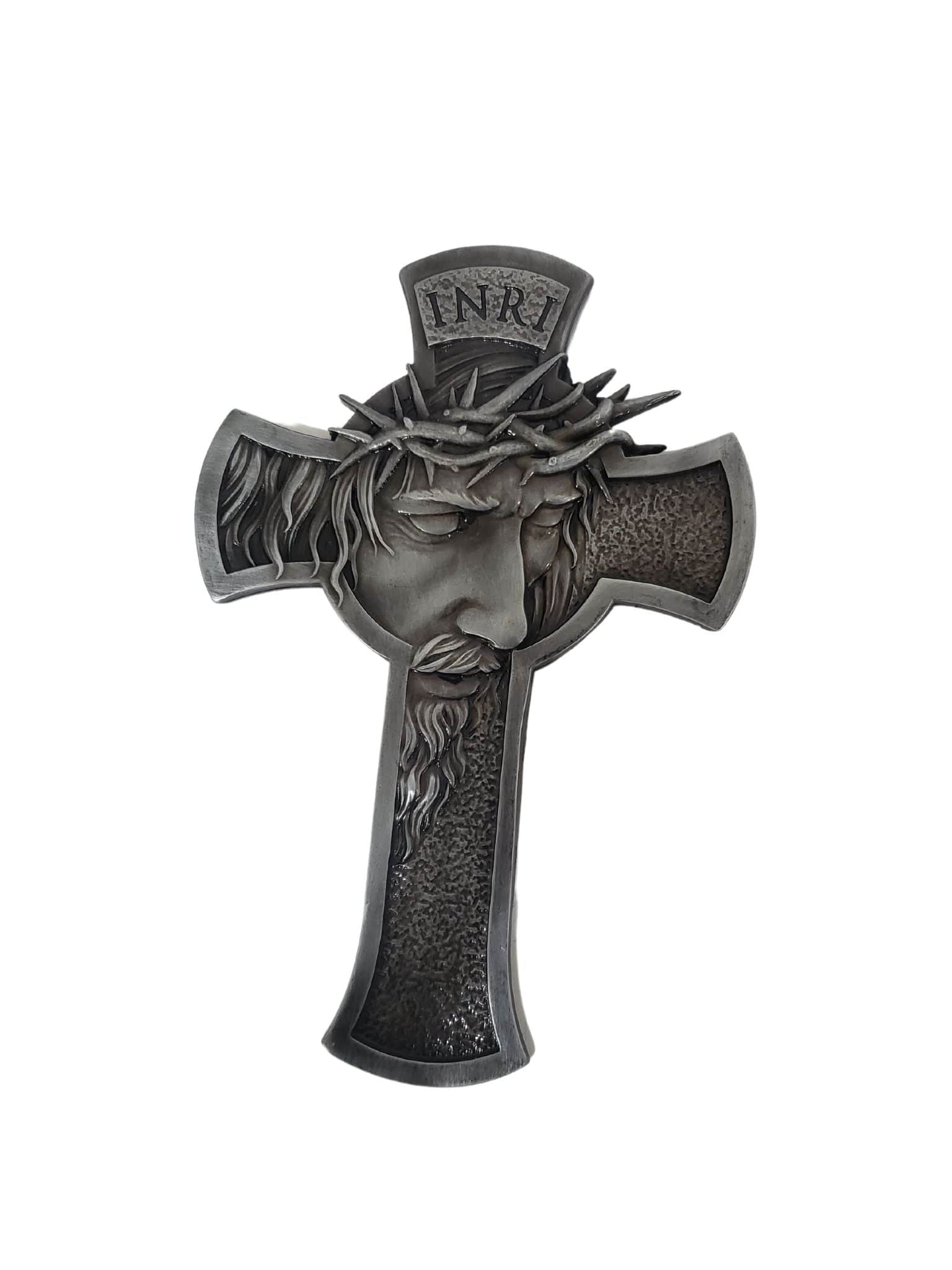 Crucifixo de Metal Estilizado com a Face de Cristo Níquel-TerraCotta Arte Sacra