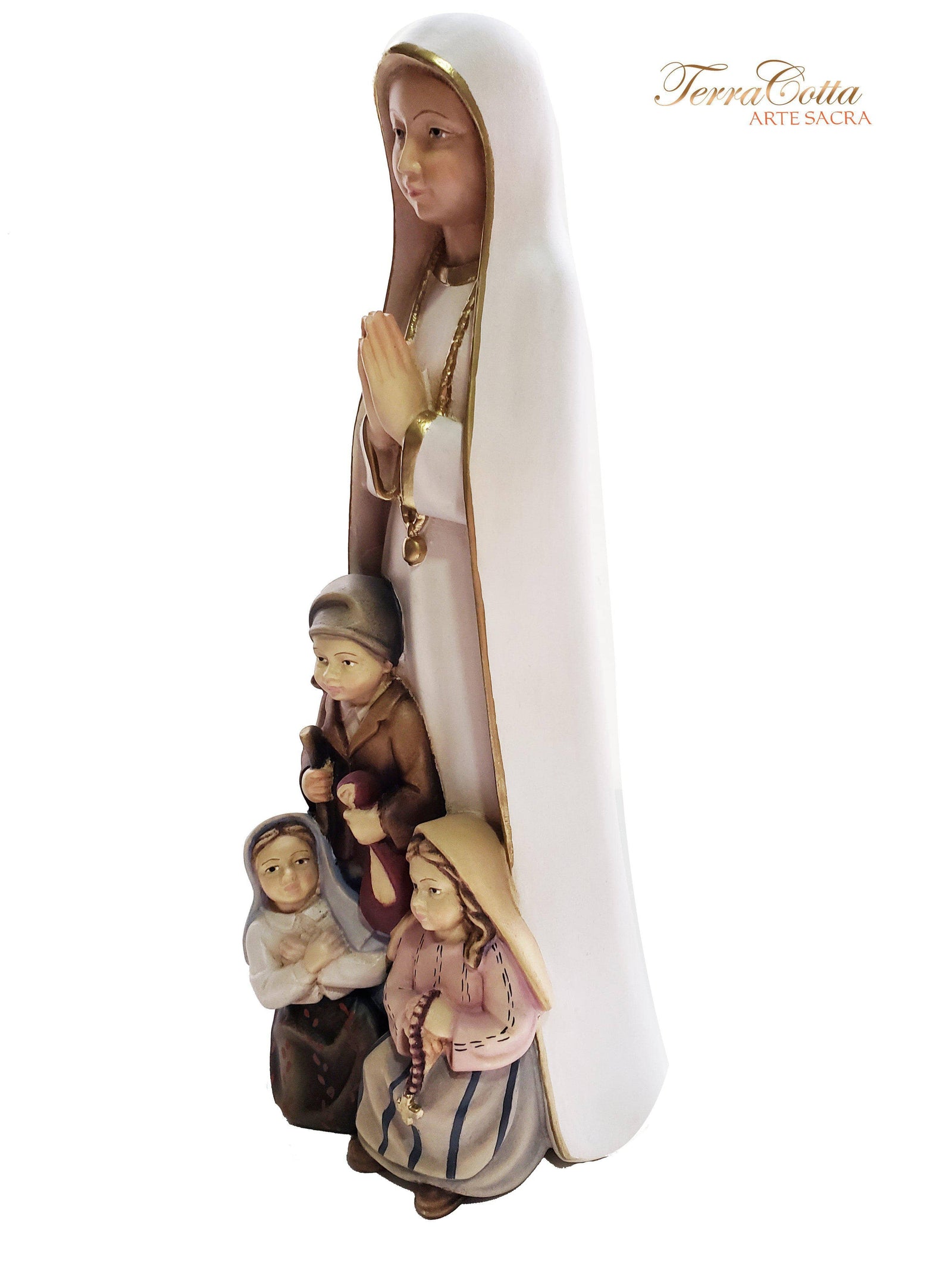 Imagem de Madeira Italiana Nossa Senhora de Fátima com Pastores 31 cm-TerraCotta Arte Sacra
