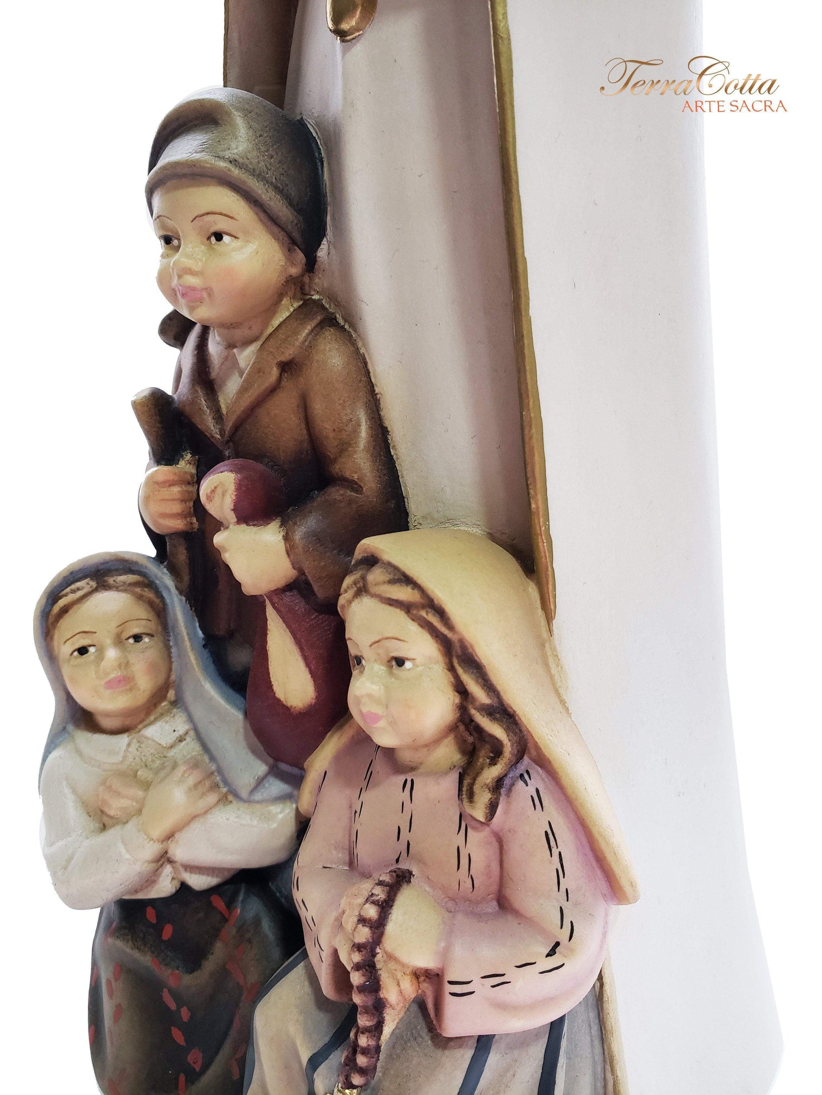 Imagem de Madeira Italiana Nossa Senhora de Fátima com Pastores 31 cm-TerraCotta Arte Sacra