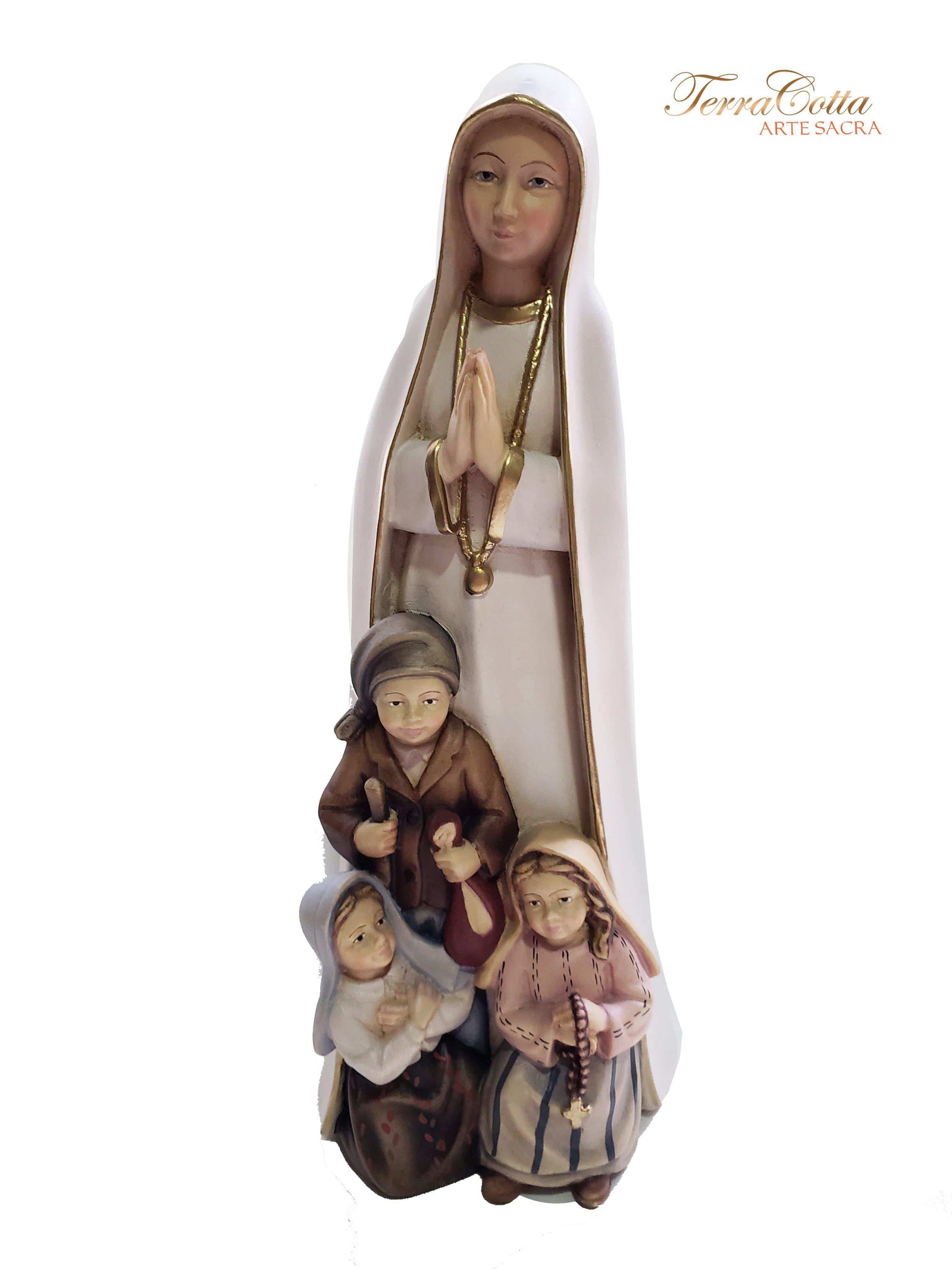 Imagem de Madeira Italiana Nossa Senhora de Fátima com Pastores 31 cm-TerraCotta Arte Sacra