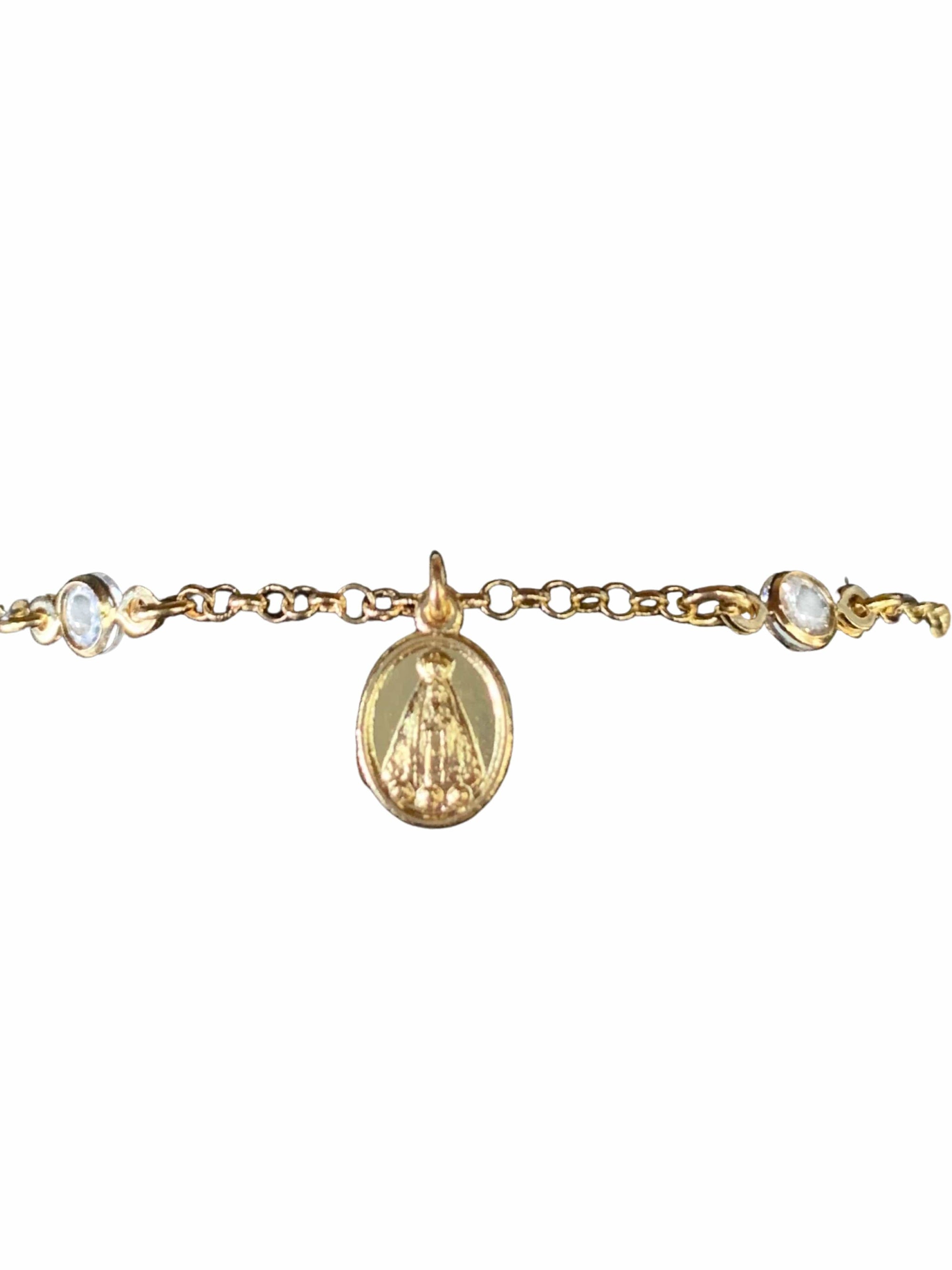 Pulseira com pingente oval Nossa Senhora Aparecida e Zirconia Prata de Lei 925 com Banho de Ouro 18K-TerraCotta Arte Sacra