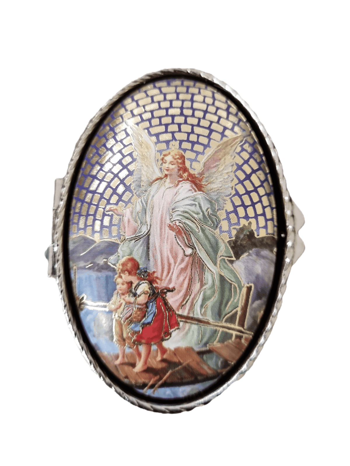 Porta Terço Oval em Metal Anjo da Guarda 6 cm x 3,5 cm
