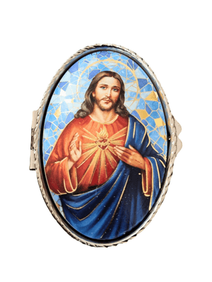 Porta Terço Oval em Metal Sagrado Coração de Jesus 6 cm x 3,5 cm