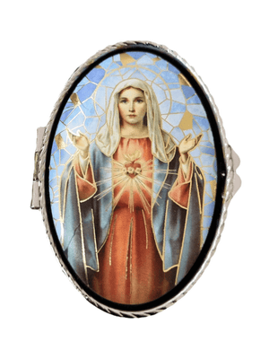 Porta Terço Oval em Metal Imaculado Coração de Maria 6 cm x 3,5 cm