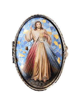 Porta Terço Oval em Metal Jesus Misericordioso 6 cm x 3,5 cm