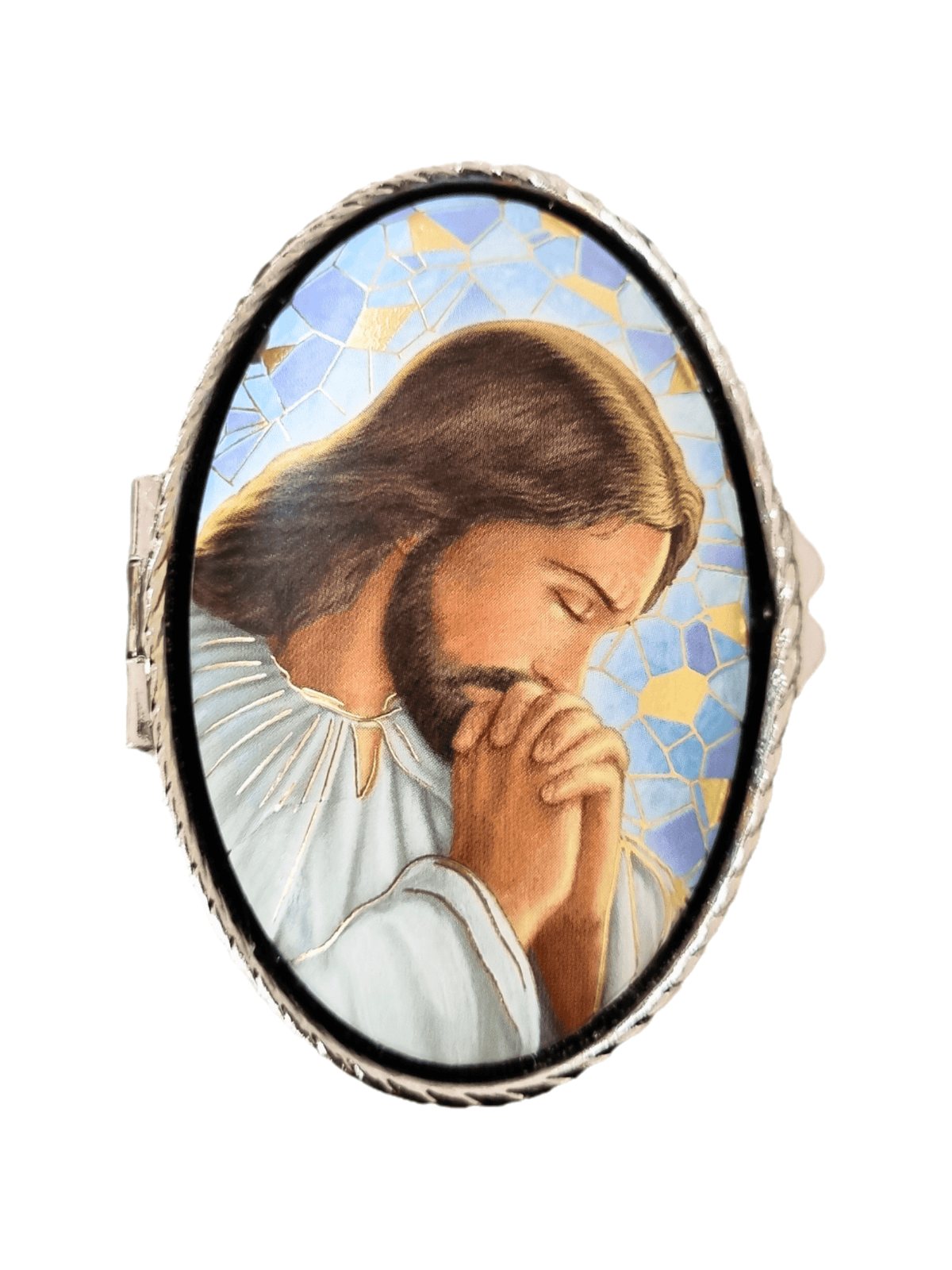 Porta Terço Italiano Oval em Metal Jesus Orando 6 cm x 3,5 cm