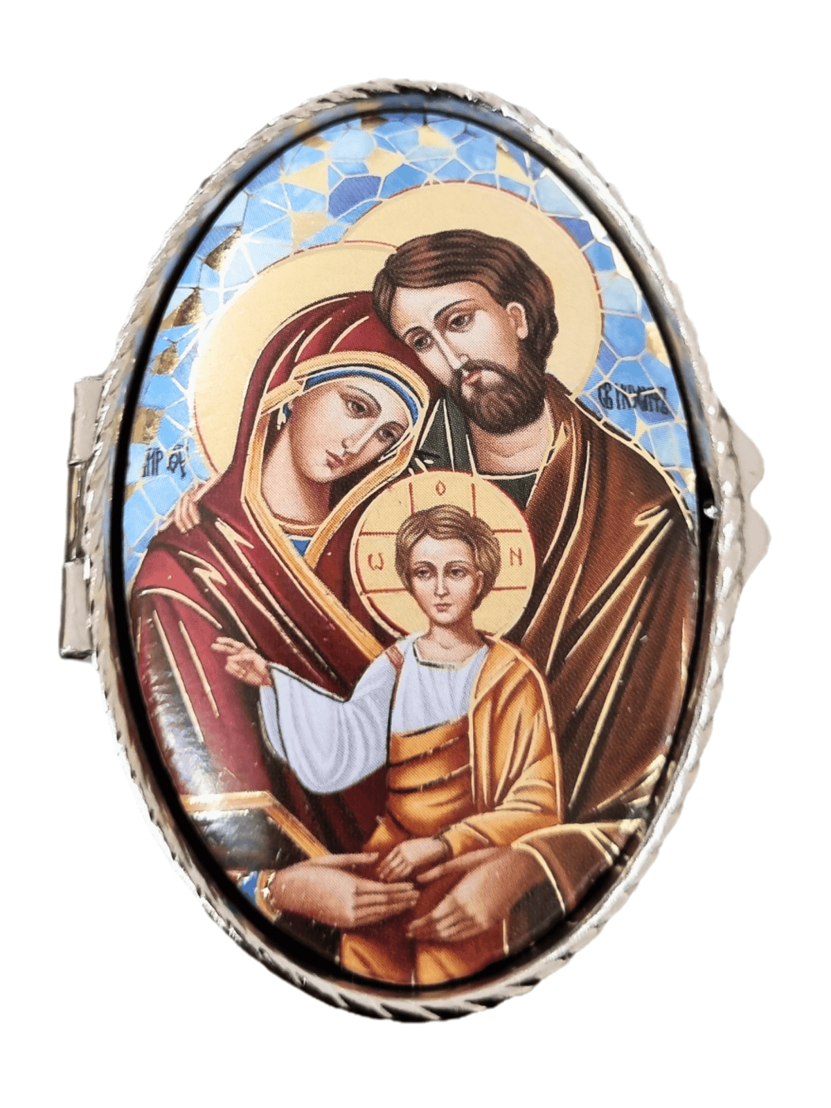 Porta Terço Italiano Oval em Metal Sagrada Família Bizantina  6 cm x 3,5 cm