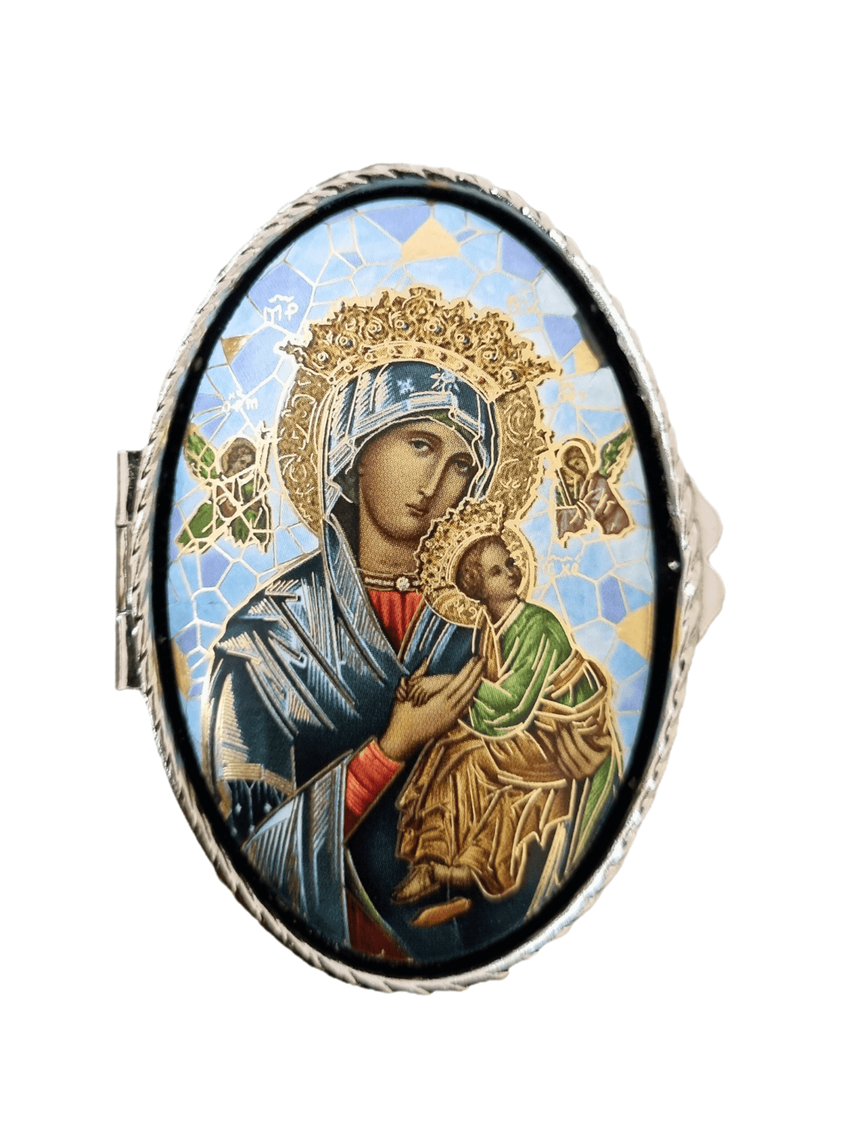Porta Terço Italiano Oval em Metal Perpétuo Socorro 6 cm x 3,5 cm