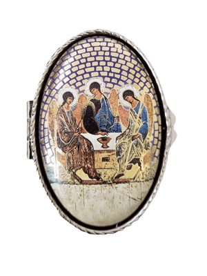 Porta Terço Italiano Oval em Metal 3 Arcanjos 6 cm x 3,5 cm