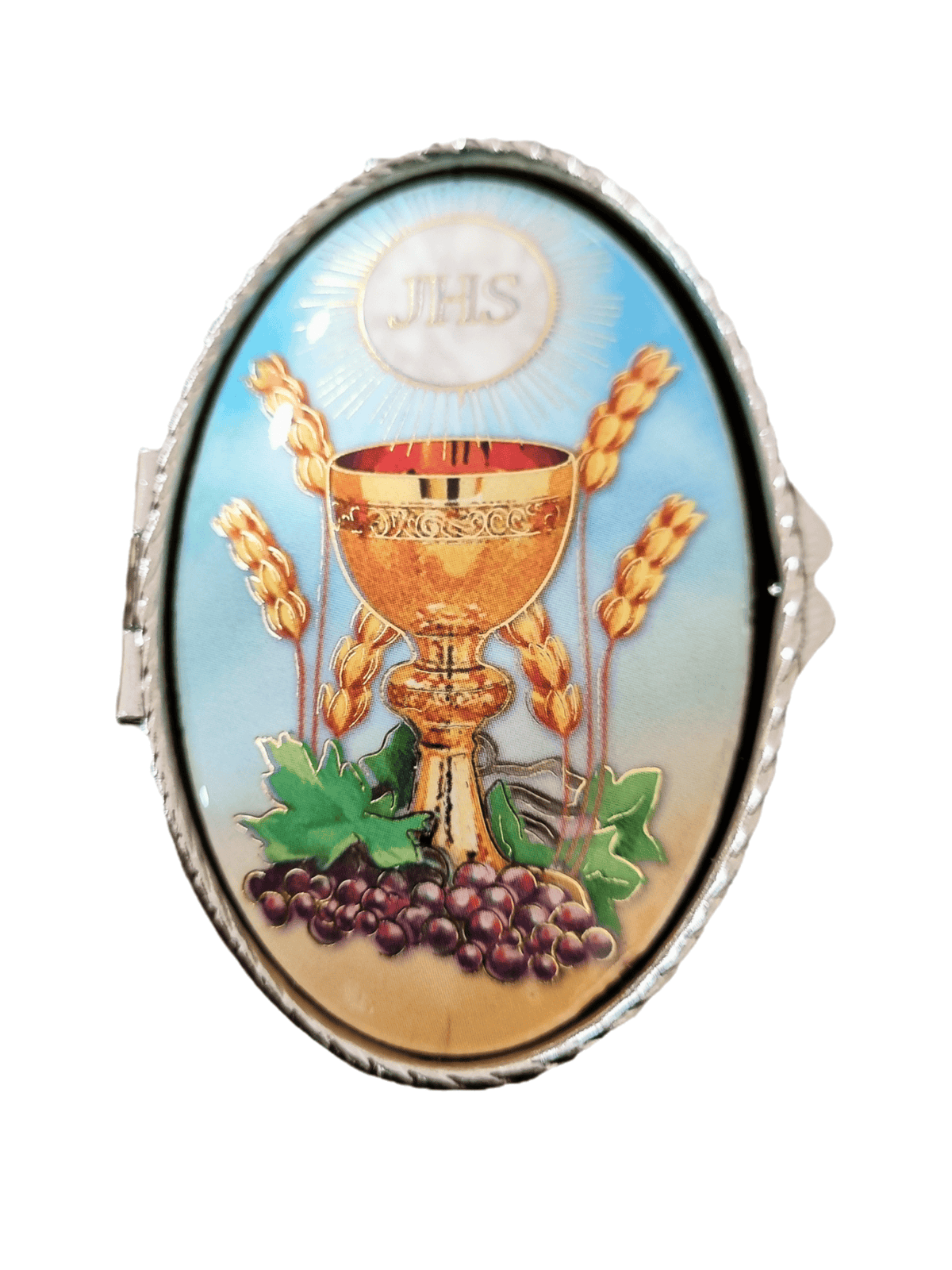 Porta Terço Italiano Oval em Metal Eucaristia  6 cm x 3,5 cm