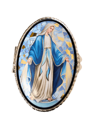 Porta Terço Italiano Oval em Metal Nossa Senhora das Graças 6 cm x 3,5 cm