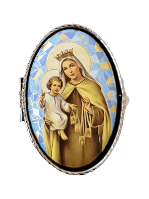 Porta Terço Oval em Metal Nossa Senhora do Carmo 6 x 3,5 cm