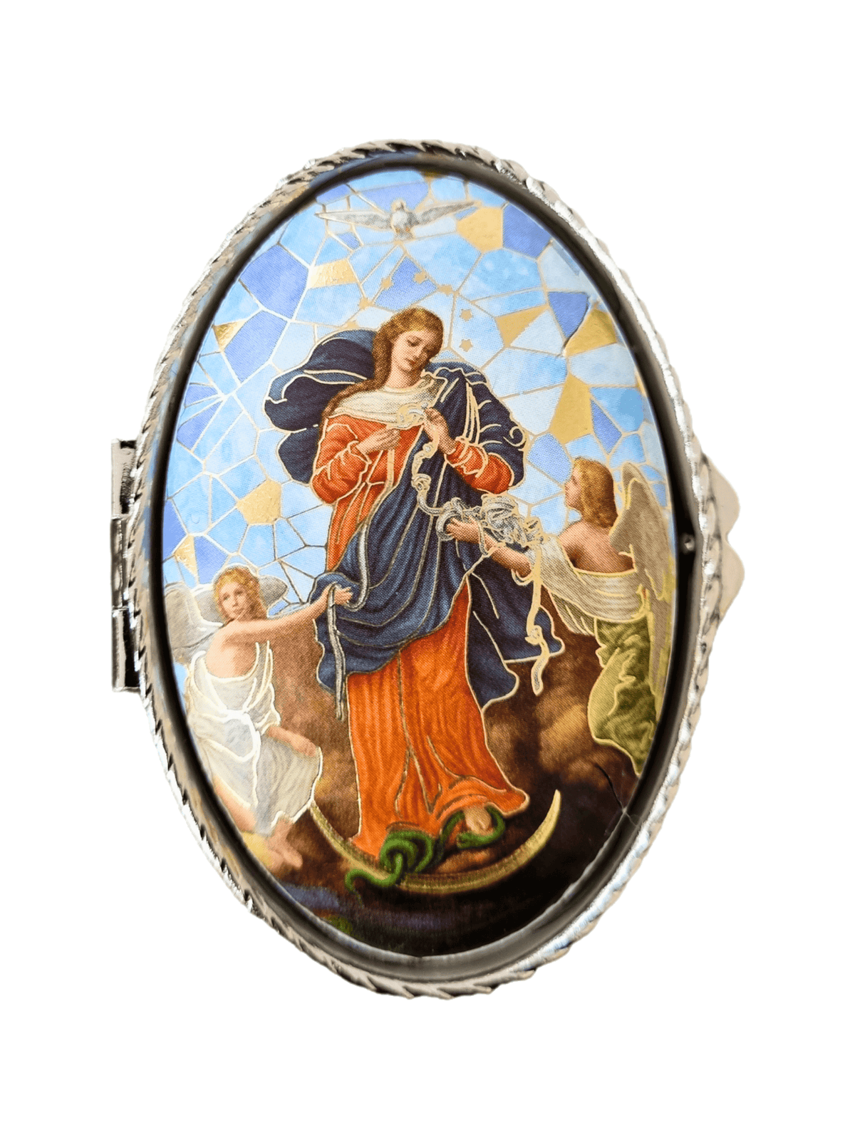 Porta Terço Oval em Metal Nossa Senhora Desatadora dos Nós 6 x 3,5 cm