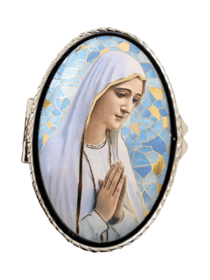 Porta Terço Oval em Metal Face de Fátima 6 x 3,5 cm