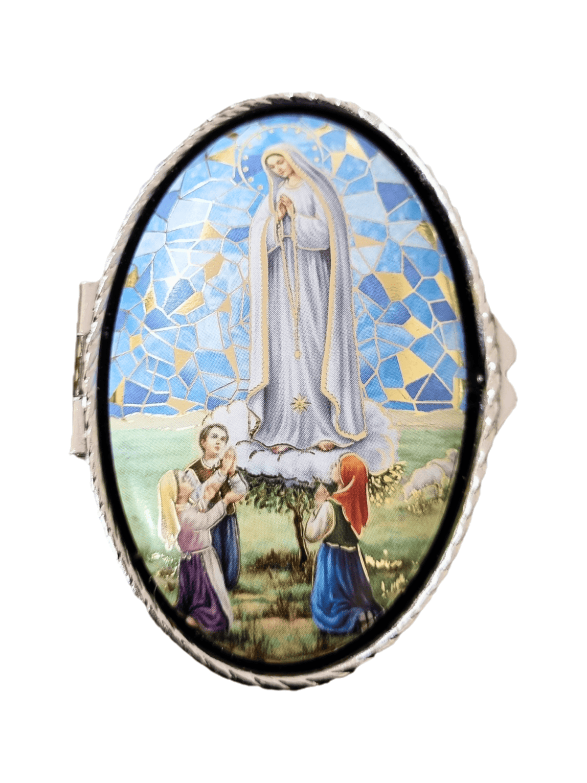 Porta Terço Oval em Metal Nossa Senhora de Fátima 6 x 3,5 cm