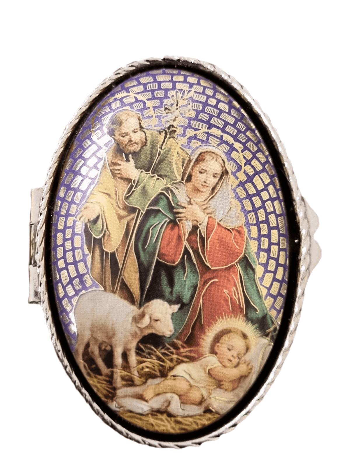 Porta Terço Oval em Metal Sagrada Família Jesus Criança 6 x 3,5 cm