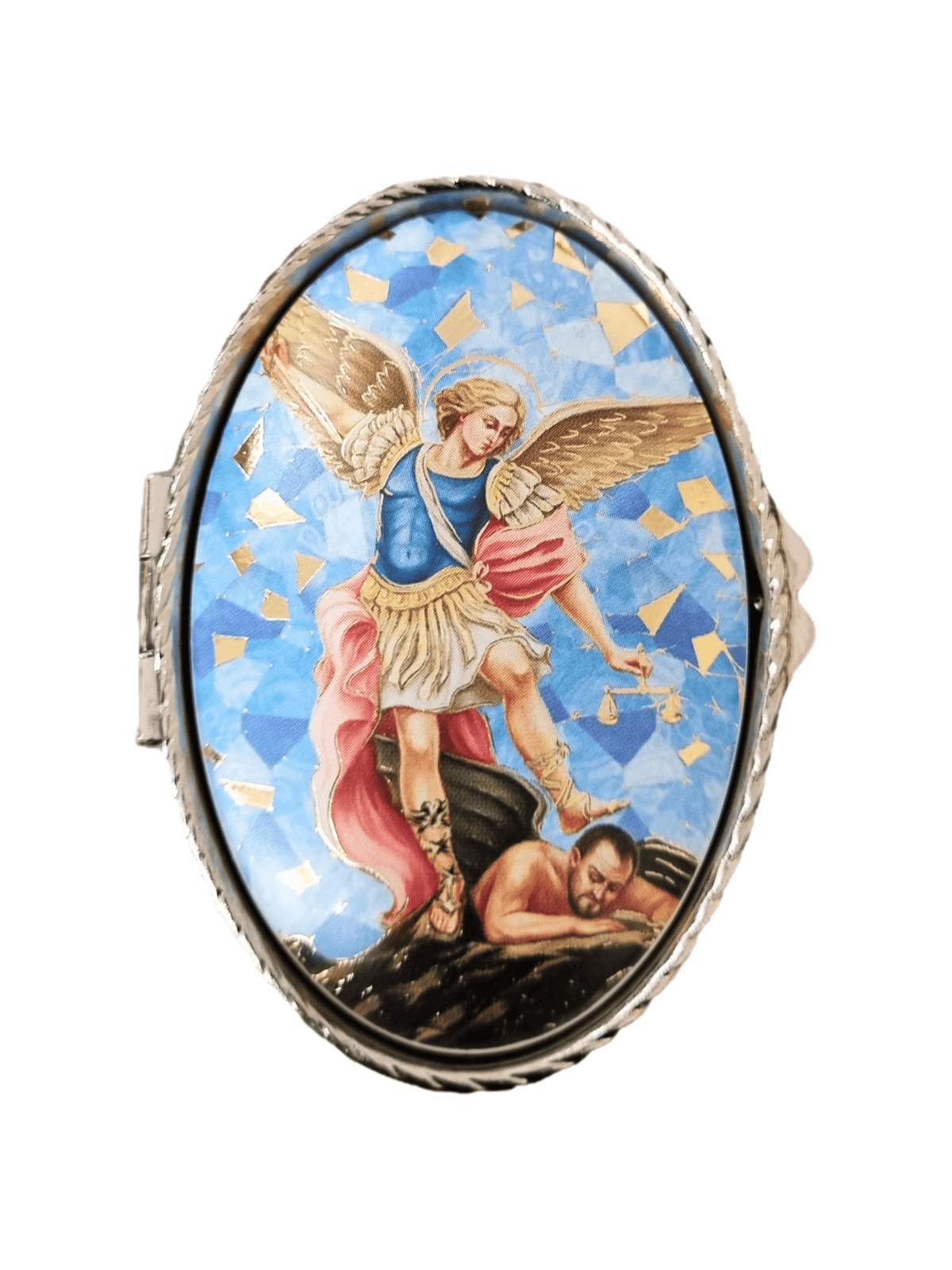Porta Terço Oval em Metal São Miguel Arcanjo 6 x 3,5 cm