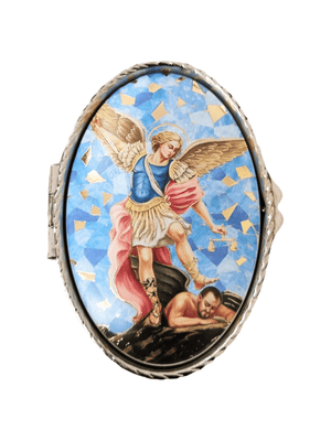 Porta Terço Oval em Metal São Miguel Arcanjo 6 x 3,5 cm