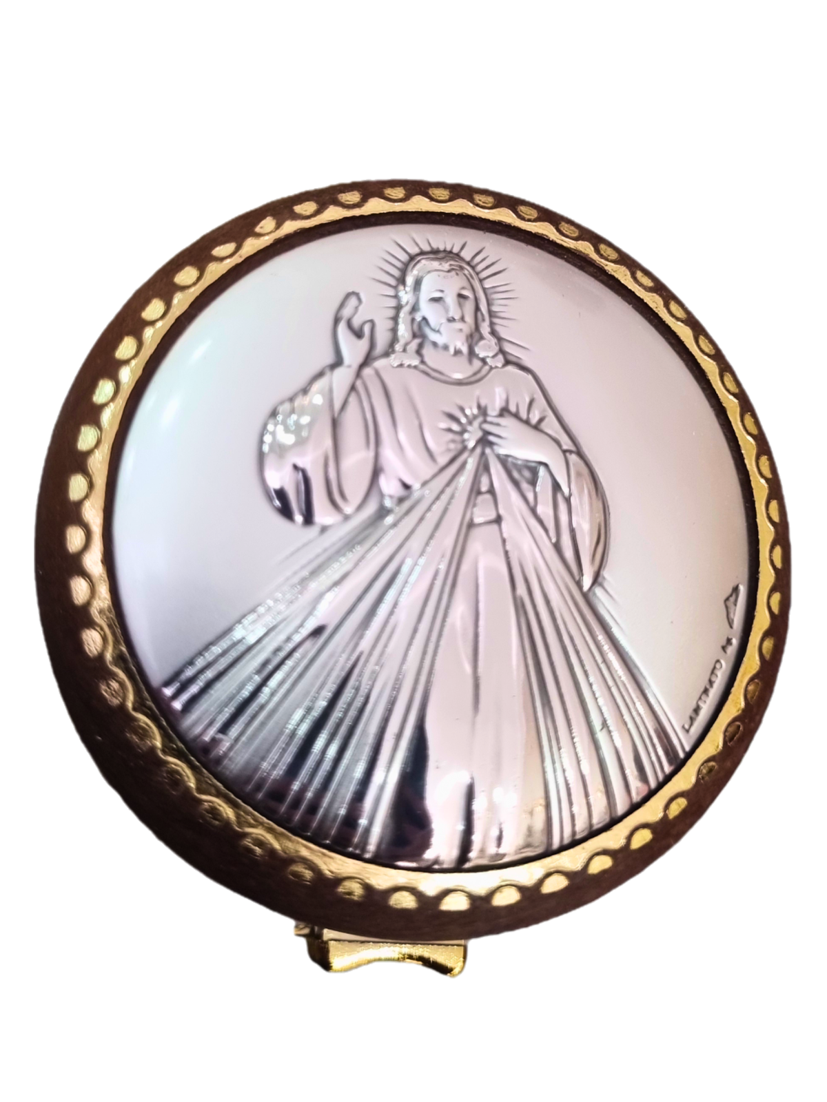 Porta Terço Redondo com Prata Jesus Misericordioso 5,5 cm x 5,5 cm