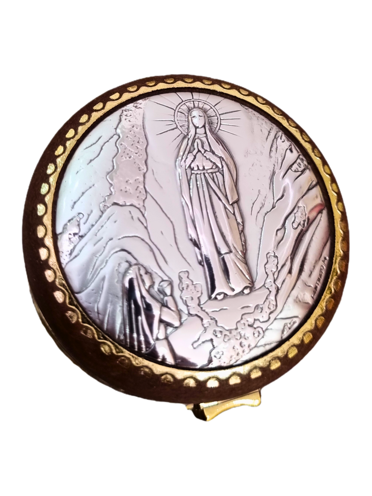 Porta Terço Redondo com Prata Nossa Senhora De Lourdes 5,5 cm x 5,5 cm