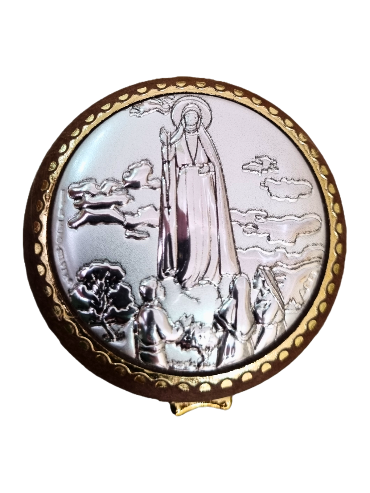 Porta Terço Redondo com Prata Nossa Senhora De Fátima 5,5 cm x 5,5 cm