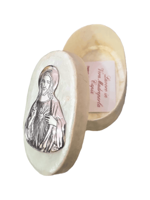 Porta Terço Italiano de Madrepérola e Prata Oval Sagrado Coração de Jesus  7 x 4,5 cm