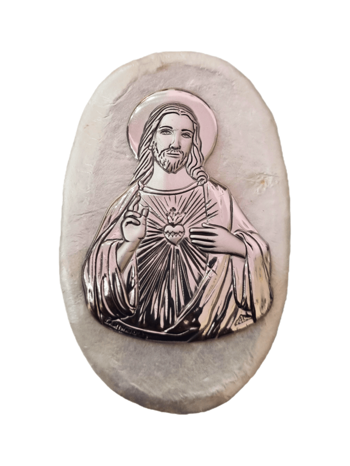 Porta Terço Italiano de Madrepérola e Prata Oval Sagrado Coração de Jesus  7 x 4,5 cm