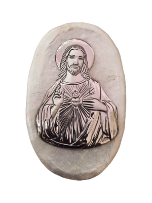 Porta Terço Italiano de Madrepérola e Prata Oval Sagrado Coração de Jesus  7 x 4,5 cm