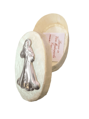 Porta Terço Italiano de Madrepérola e Prata Oval Jesus Misericordioso 7 x 4,5 cm