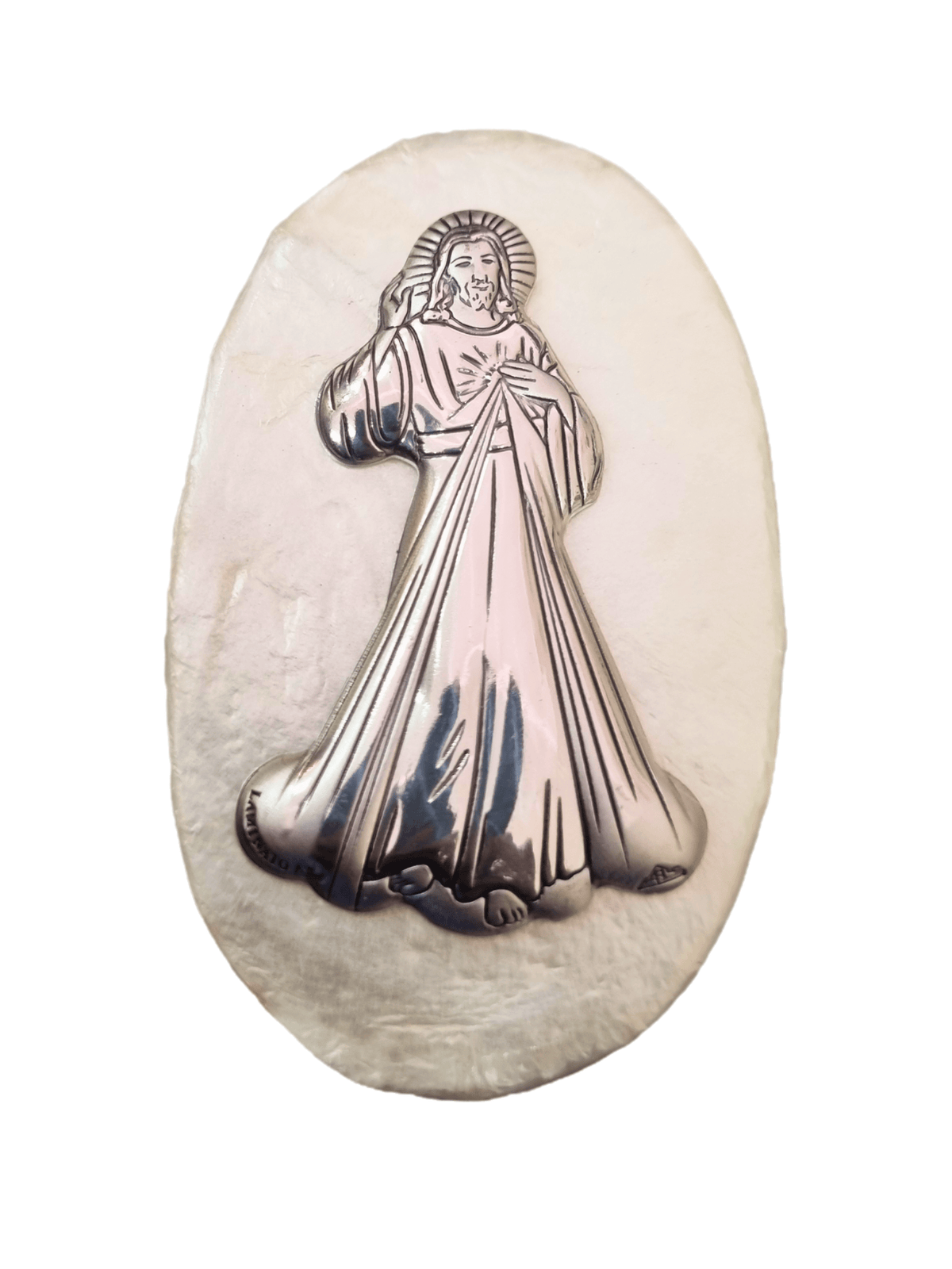 Porta Terço Italiano de Madrepérola e Prata Oval Jesus Misericordioso 7 x 4,5 cm