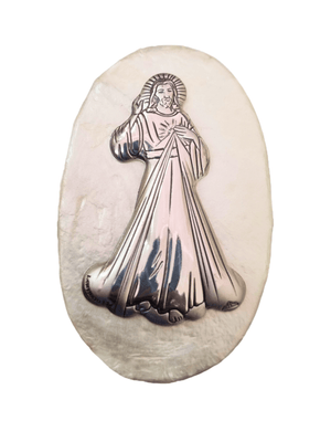 Porta Terço Italiano de Madrepérola e Prata Oval Jesus Misericordioso 7 x 4,5 cm