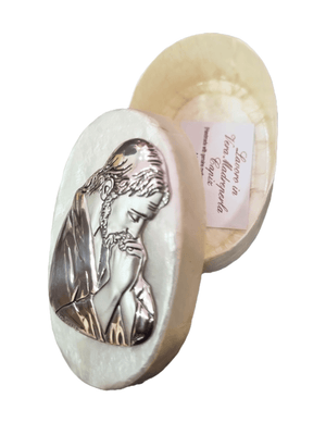 Porta Terço Italiano de Madrepérola e Prata Oval Jesus Orando 7 x 4,5 cm